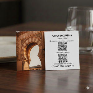 Cada uno de nuestros lienzos incluye esta tarjeta exclusiva. Al escanear nuestra tarjeta de autenticidad, podrás explorar el catálogo exclusivo de la colección y, al mismo tiempo, consultar el menú digital del restaurante donde te encuentras.